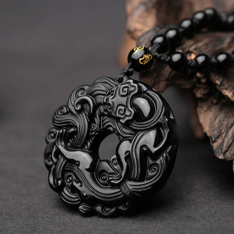 Nimara Ritual Natural Black Obsidian Peace Buckle Pixiu Purification Necklace Pendant