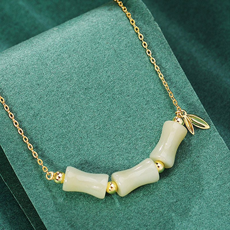 Nimara Ritual 925 Sterling Silver Hetian Jade Bamboo Fu Character Prosperity Necklace Pendant Bracelet