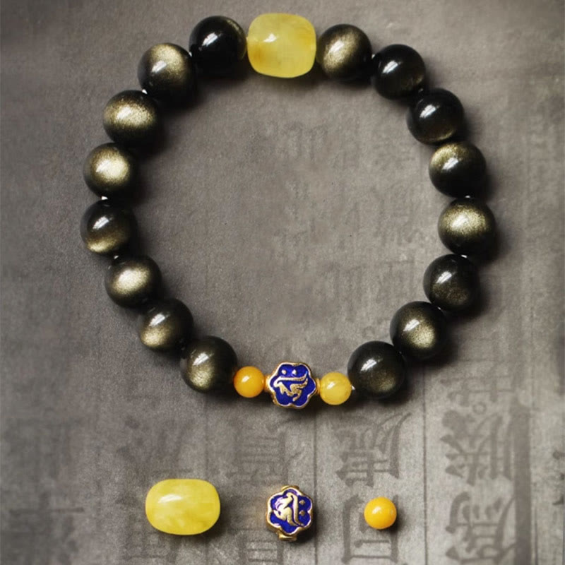 Nimara Ritual 925 Sterling Silver Chinese Zodiac Natal Buddha Natural Gold Sheen Obsidian Amber Wealth Protection Bracelet