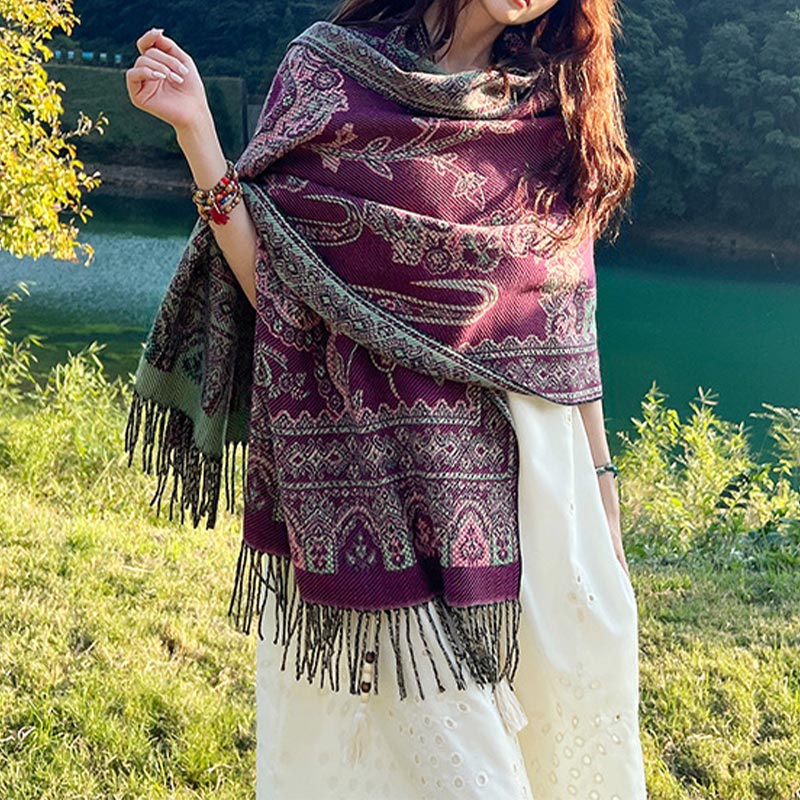 Nimara Ritual Vintage Tibetan Leaves Pattern Design Shawl Cozy Travel Scarf Wrap