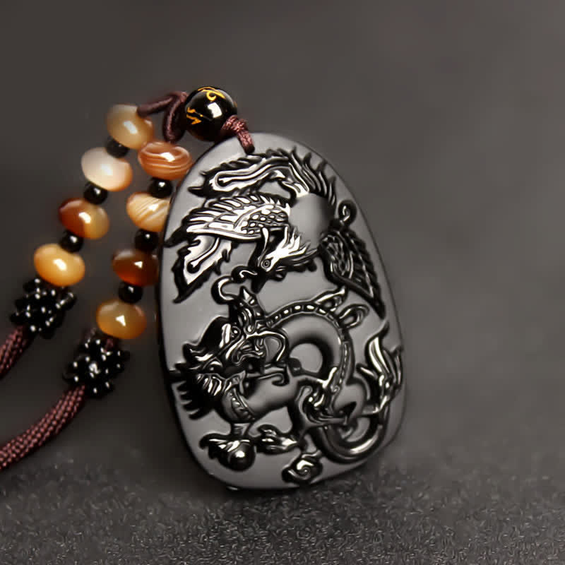 Nimara Ritual Black Obsidian Tiger Eye Dragon Phoenix Protection Beaded Necklace Pendant