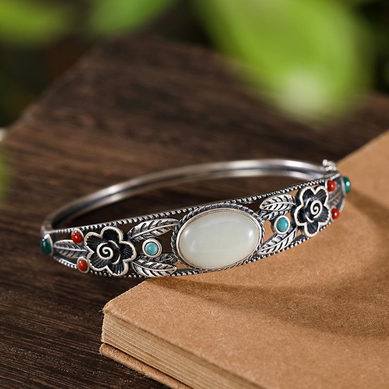 Nimara Ritual Cyan Jade White Jade Flower Leaf Harmony Luck Bracelet Bangle