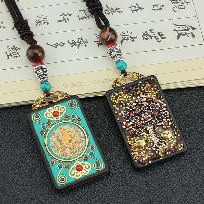 Nimara Ritual Tibet God Of Wealth Money Tree Golden Phoenix Thangka Ebony Peace Necklace Pendant