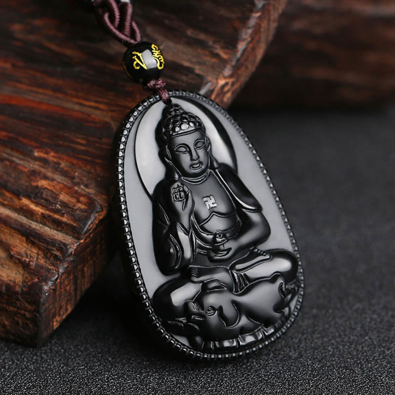 Nimara Ritual Chinese Zodiac Natal Buddha Natural Black Obsidian Purification Necklace Pendant