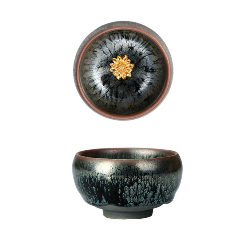 Nimara Ritual 24K Gold Inlaid Sunflower Chinese Jianzhan Glaze Kiln Change Ceramic Teacup Tenmoku Kung Fu Tea Cup