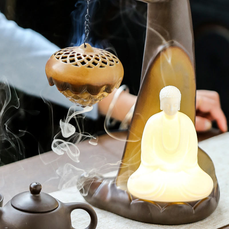 Nimara Ritual Led Buddha Hand Backflow Smoke Fountain Healing Ceramic Stick Incense Burner Decoration