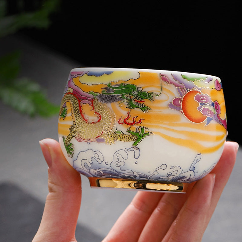 Nimara Ritual Dragon Phoenix Auspicious Clouds Sun Ocean Waves Ceramic Teacup Kung Fu Tea Cup