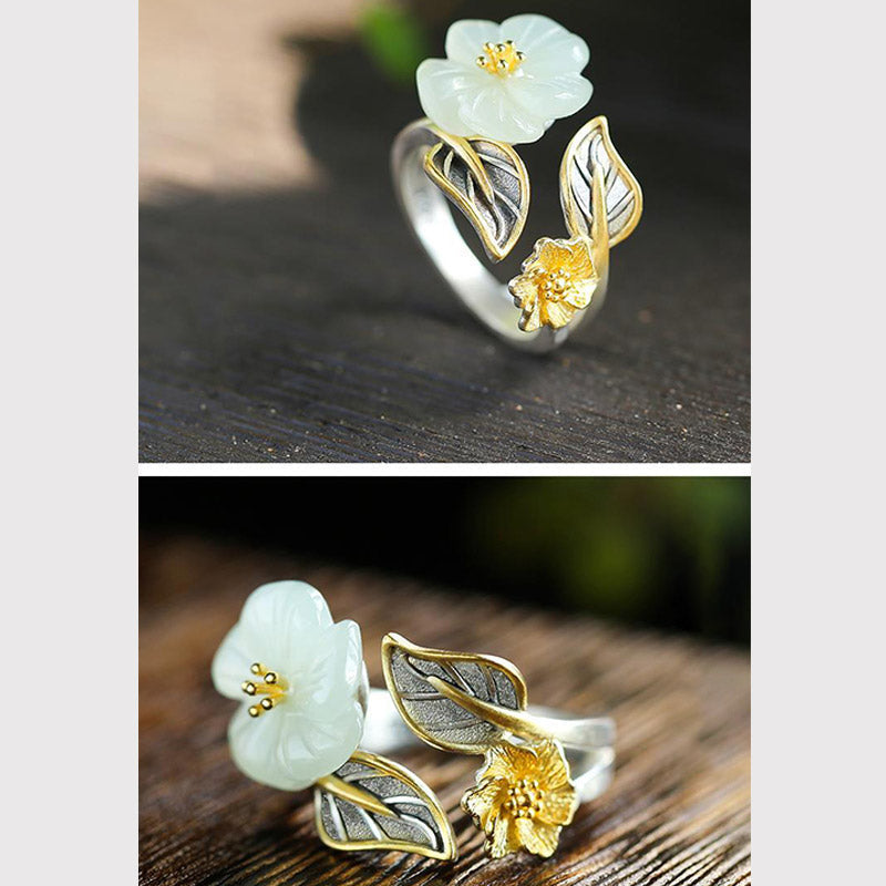 Nimara Ritual 925 Silver Plated Copper White Jade Plum Flower Leaf Luck Ring