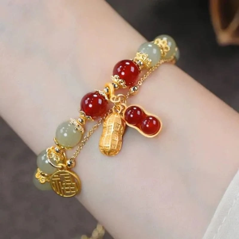 Nimara Ritual Jade Leaf Ginkgo Tulip Peanut Fu Character Luck Beaded Bracelet