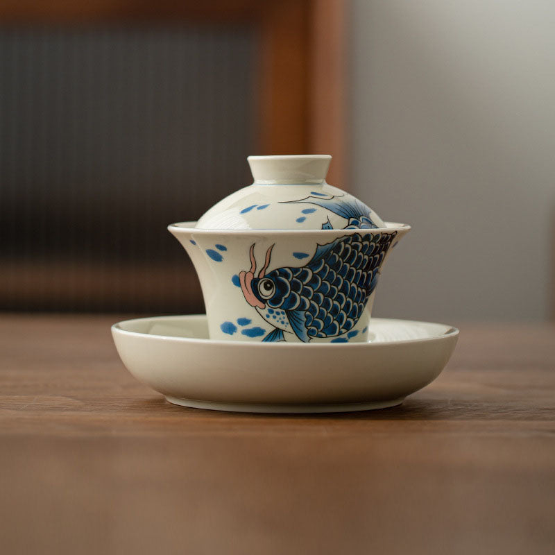 Nimara Ritual Koi Fish Arowana Ceramic Gaiwan Sancai Teacup Kung Fu Tea Cup With Lid 130ml