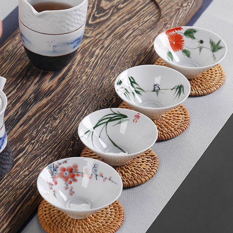 Nimara Ritual Vintage Plum Orchid Bamboo Chrysanthemum Lotus Koi Fish Ceramic Teacup Kung Fu Tea Cups