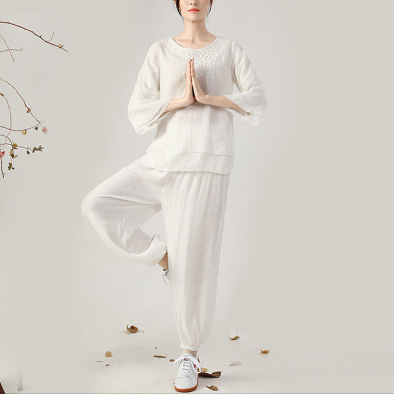 Nimara Ritual 2Pcs Long Sleeve Frog-Button Meditation Prayer Zen Practice Tai Chi Uniform Clothing Women's Set