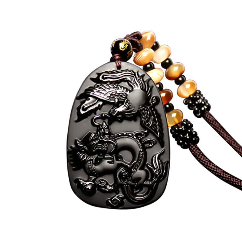 Nimara Ritual Black Obsidian Tiger Eye Dragon Phoenix Protection Beaded Necklace Pendant