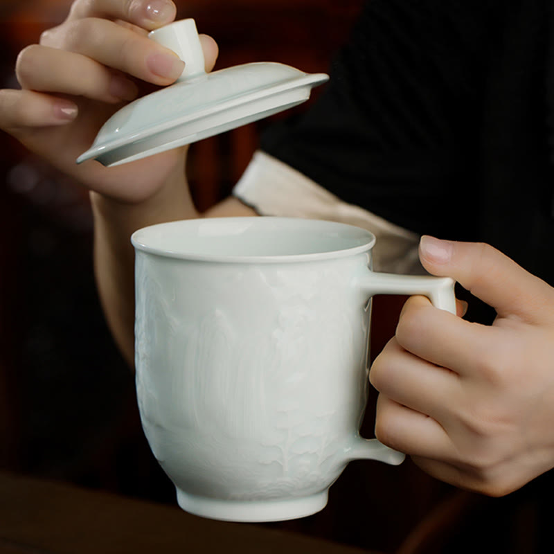 Nimara Ritual Jingdezhen White Porcelain Handmade Great Wall Landscape Engraved Ceramic Teacup Office Mug Tea Cups