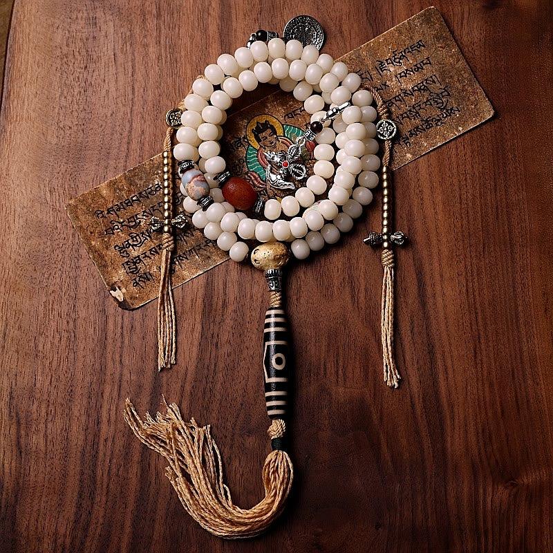 Nimara Ritual Tibet 108 Mala Beads Bodhi Seed Bagua Vajra Dzi Bead Gray Agate Wealth Bracelet