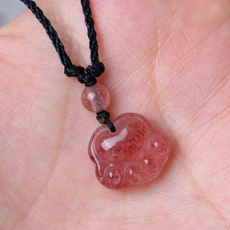 Nimara Ritual Strawberry Quartz Lovely Cat Paw Claw Healing Necklace Pendant