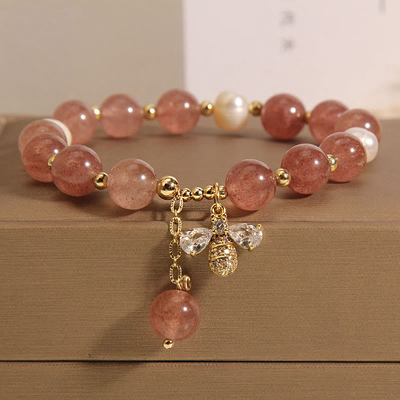 Nimara Ritual Strawberry Quartz Pearl Cute Zircon Honeybee Positive Charm Bracelet