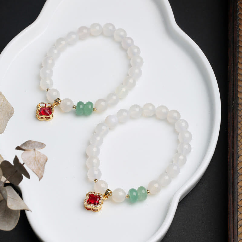 Nimara Ritual Natural White Agate Red Agate Money Bag Fu Character Four Leaf Clover Protection Bracelet