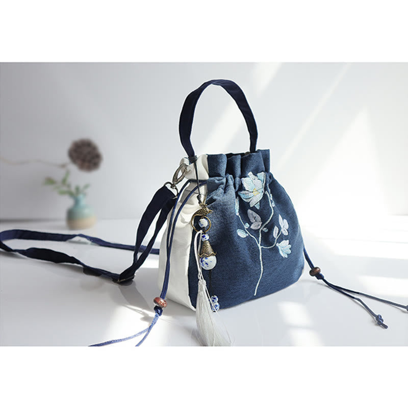 Nimara Ritual Handmade Embroidered Flowers Canvas Tote Shoulder Bag Handbag