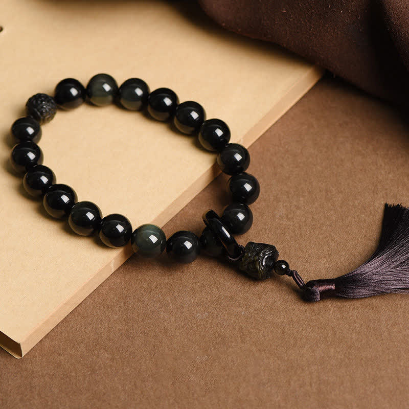 Nimara Ritual Natural Black Obsidian Lion Wrist Mala Protection Tassels Pocket Mala Car Decoration