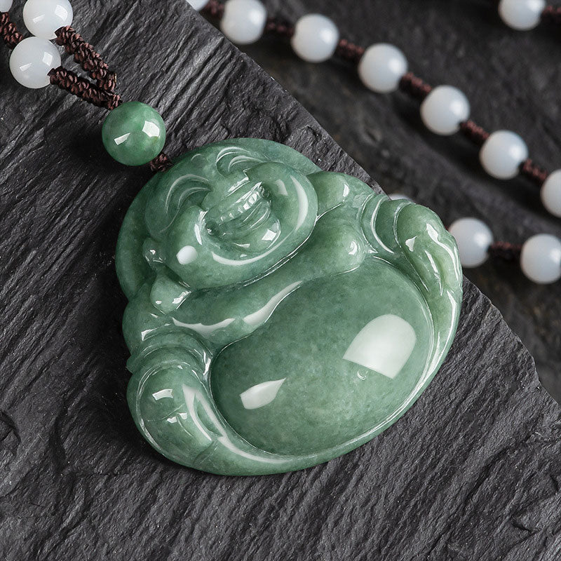 Nimara Ritual Laughing Buddha Cyan Jade Harmony Necklace String Bead Pendant