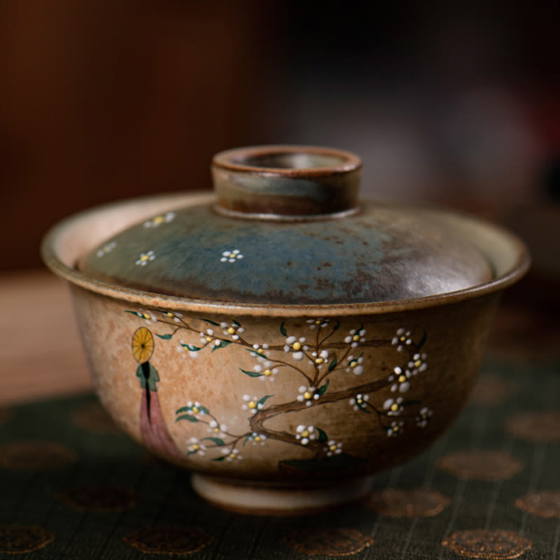 Nimara Ritual Jingdezhen Hand Painted Ru Kiln Porcelain Hanfu Girl Flower Ceramic Gaiwan Sancai Teacup Kung Fu Tea Cup And Saucer With Lid