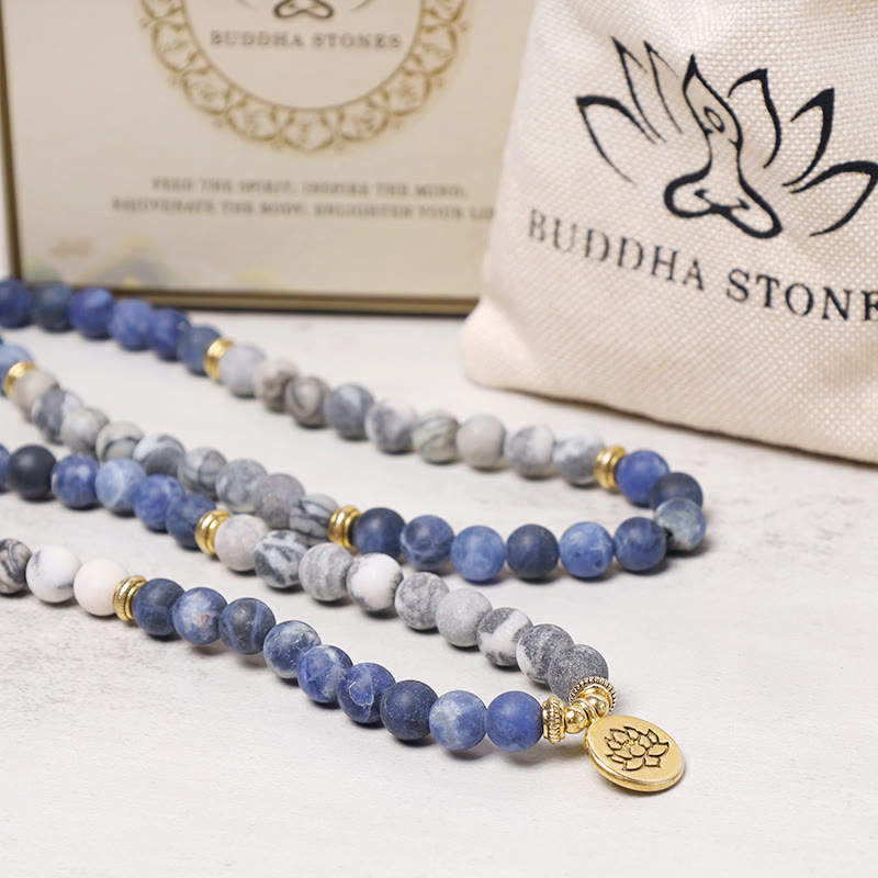 Nimara Ritual 108 Natural Picasso Jasper & Blue Stone Mala Bead Lotus Pendant Bracelet