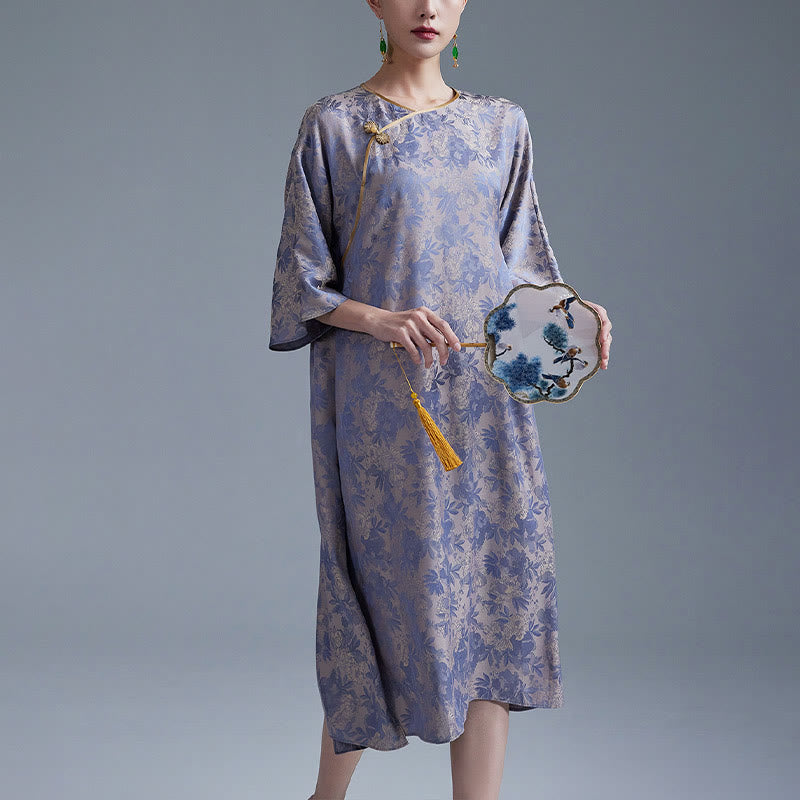 Nimara Ritual Small Flower Leaf Jacquard Chinese Cheongsam Qipao Midi Dress With Pockets