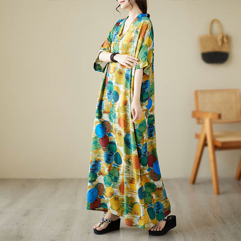Nimara Ritual Orange Blue Colorful Polka Dots Midi Dress Cotton Half Sleeve Dress With Pockets