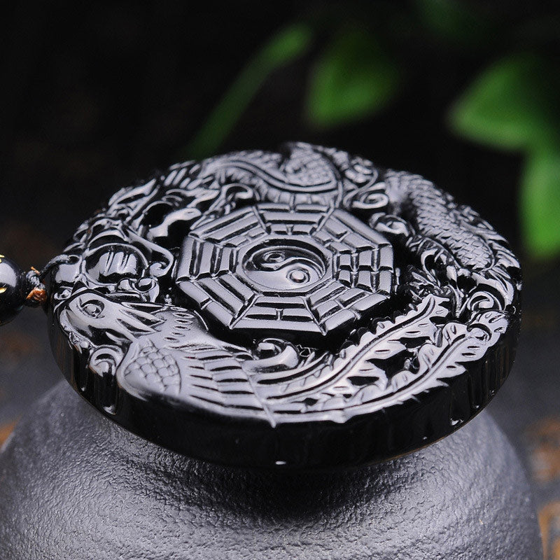 Nimara Ritual Bagua Dragon Phoenix Obsidian Fulfilment Pendant Necklace