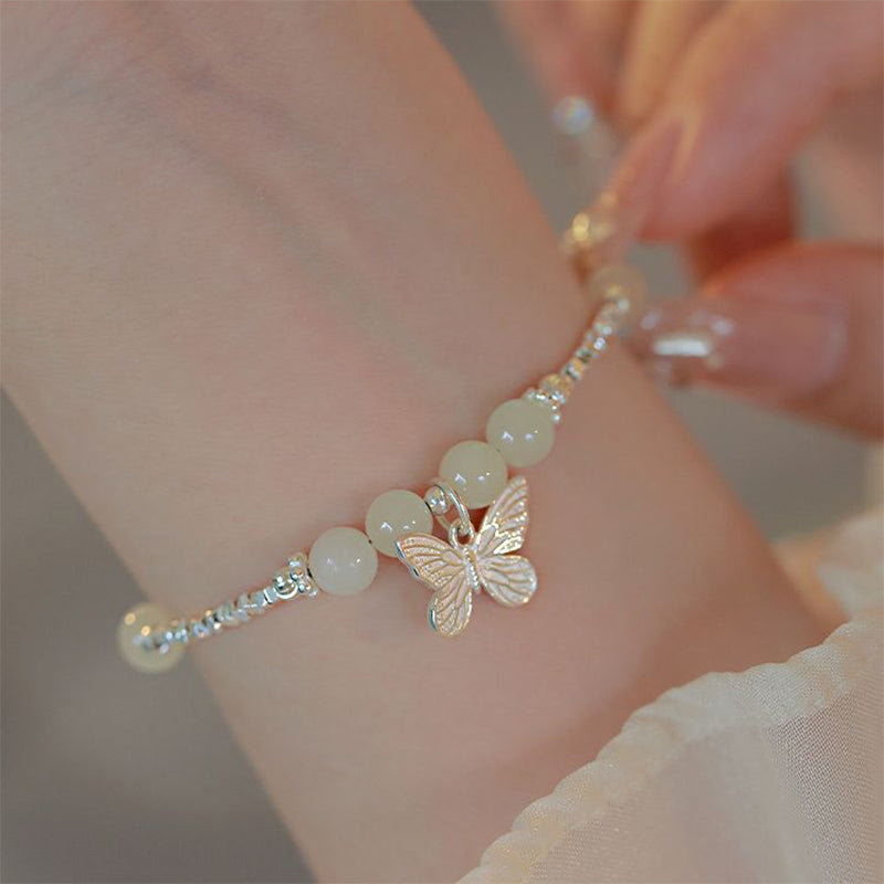 Nimara Ritual 925 Sterling Silver Natural Hetian Jade Luck Butterfly Charm Bracelet