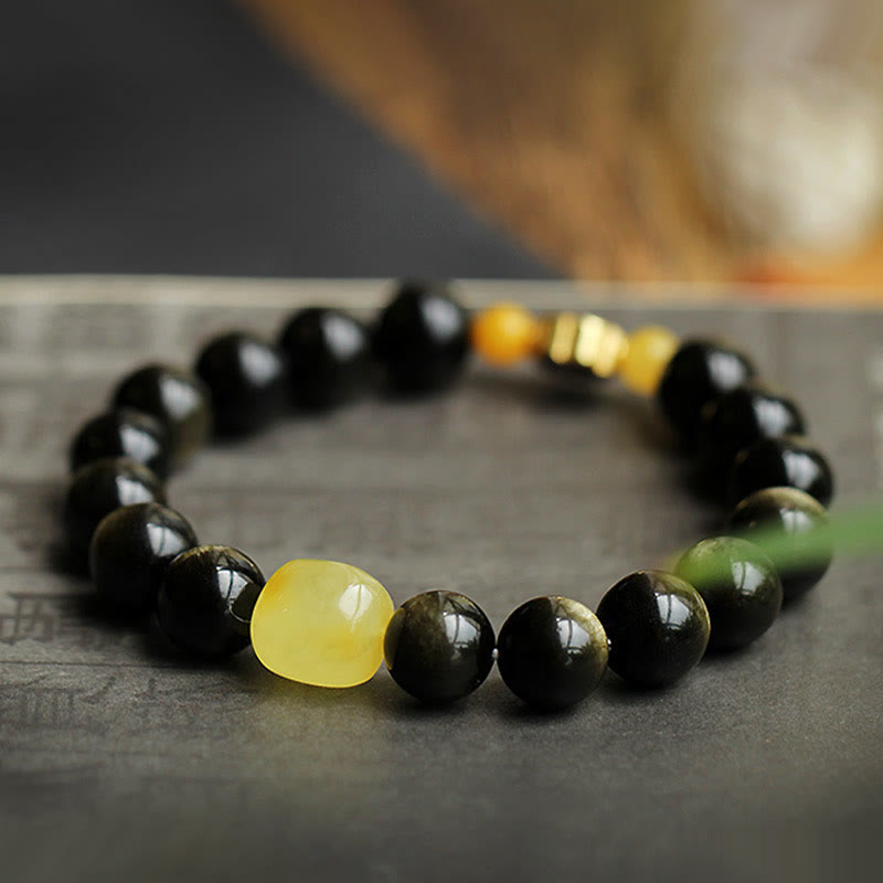 Nimara Ritual 925 Sterling Silver Chinese Zodiac Natal Buddha Natural Gold Sheen Obsidian Amber Wealth Protection Bracelet