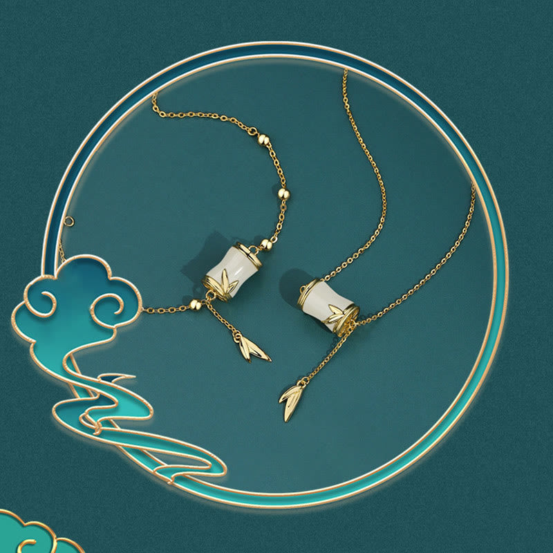 Nimara Ritual 925 Sterling Silver 22K Gold Hetian White Jade Bamboo Leaf Luck Necklace Pendant Bracelet