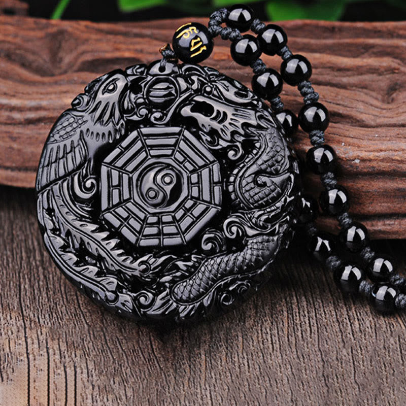 Nimara Ritual Bagua Dragon Phoenix Obsidian Fulfilment Pendant Necklace