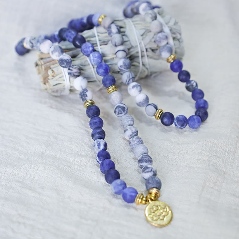 Nimara Ritual 108 Natural Picasso Jasper & Blue Stone Mala Bead Lotus Pendant Bracelet