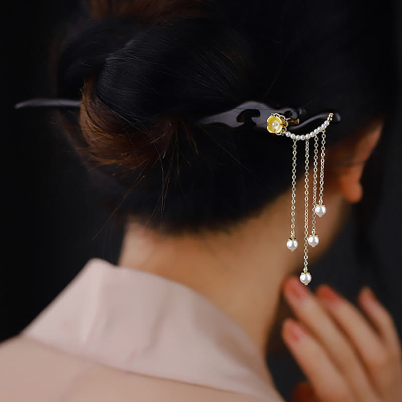 Nimara Ritual Ebony Wood Yellow Flower Pearl Tassels Hairpin