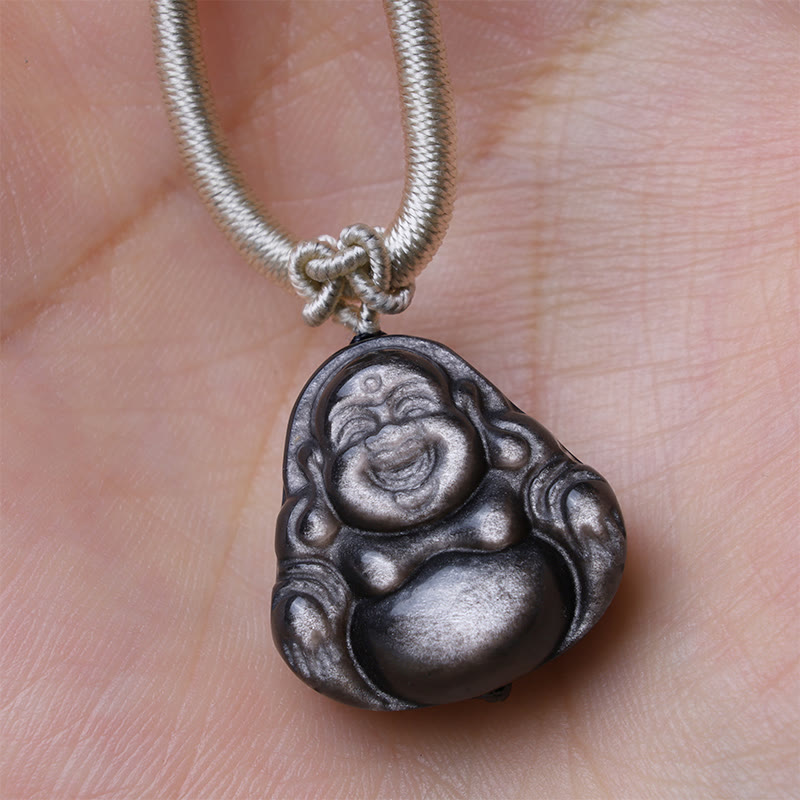 Nimara Ritual Natural Silver Sheen Obsidian Laughing Buddha Protection Necklace Pendant