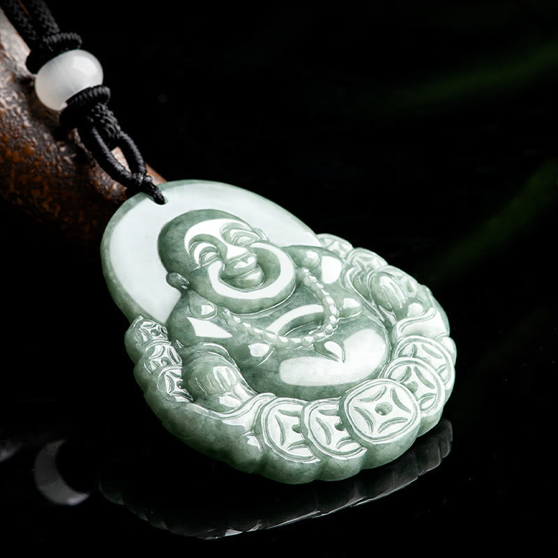 Nimara Ritual Laughing Buddha Natural Jade Copper Coin Abundance Necklace Pendant