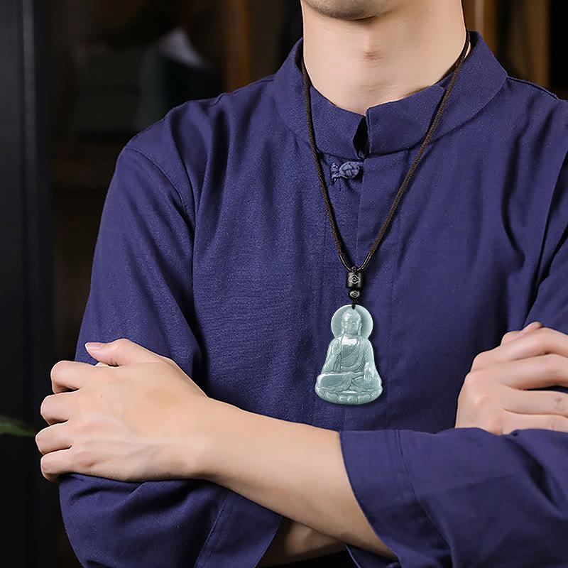 Nimara Ritual Amitabha Buddha Natural Jade Lotus Amulet Compassion String Necklace Pendant