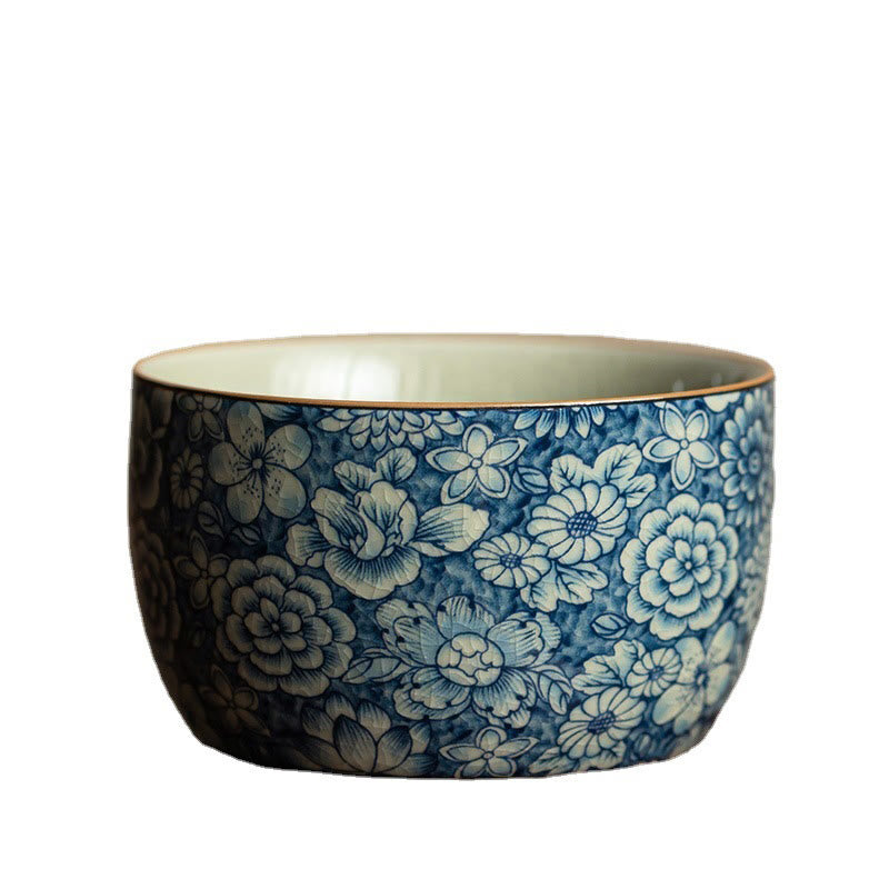 Nimara Ritual Blue Lotus Peach Blossom Chrysanthemum Design Ceramic Teacup Kung Fu Tea Cups