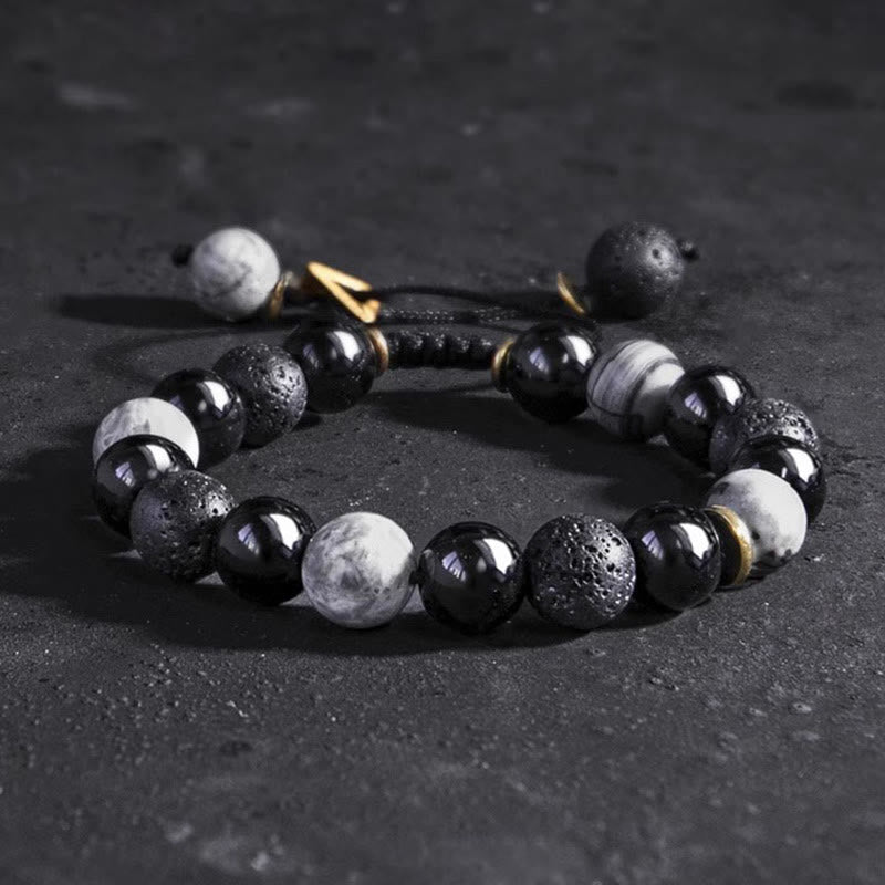 Nimara Ritual Black Obsidian Lava Rock Stone Yin Yang Strength Bracelet