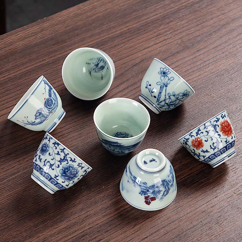 Nimara Ritual Blue Landscape Mountains Lotus Cute Cat Pavilions Magnolia Reed Egrets Ceramic Teacup Small Kung Fu Tea Cup