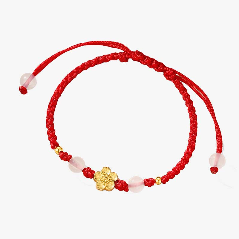 Nimara Ritual Handmade 925 Sterling Silver Peach Blossom Cherry Sakura Chalcedony Bead Luck Red Rope Bracelet