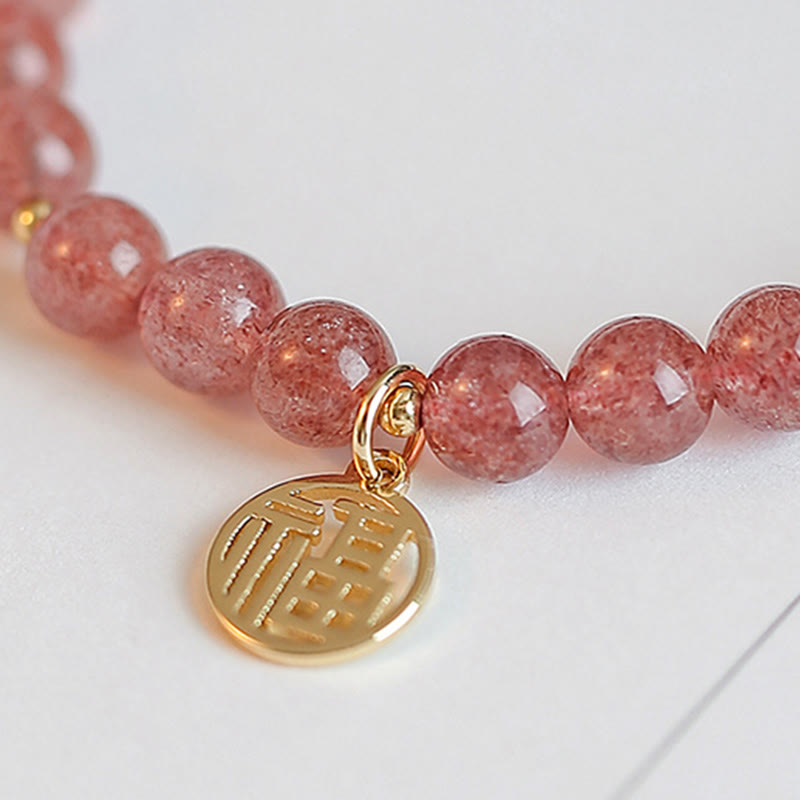Nimara Ritual 14K Gold Plated Strawberry Quartz Fu Character Healing Charm Bracelet