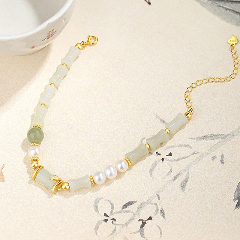 Nimara Ritual 925 Sterling Silver Natural Hetian White Jade Bamboo Luck Blessing Bracelet