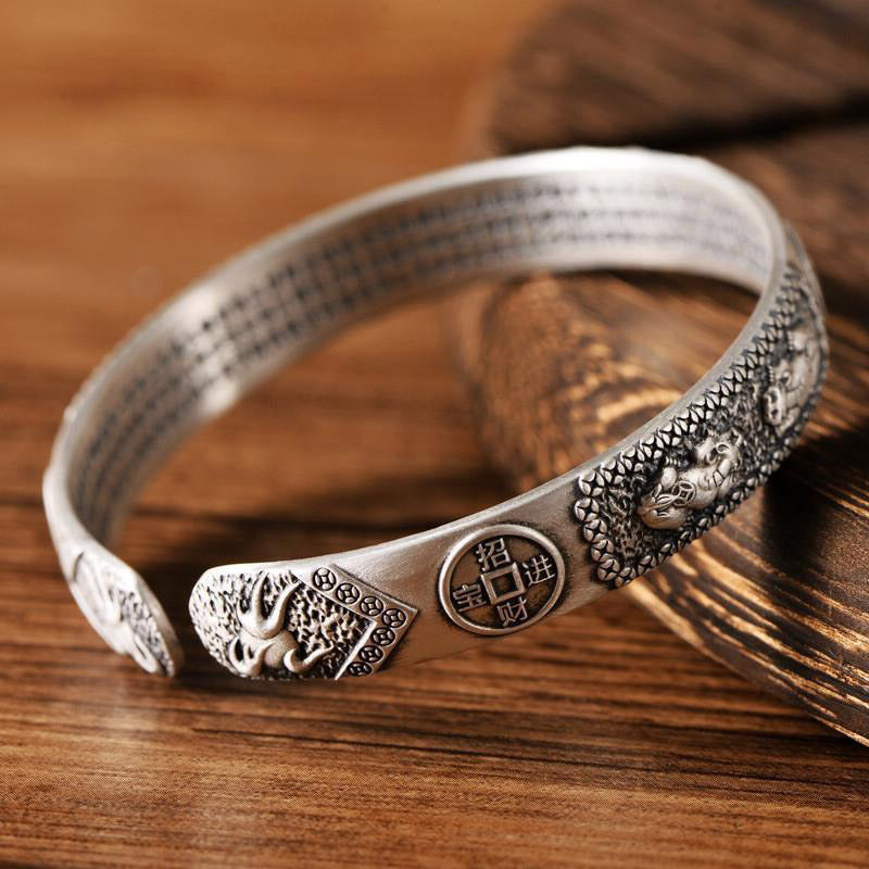 Nimara Ritual Tibetan PiXiu Heart Sutra Coin White Copper Wealth Bracelet Adjustable Bangle