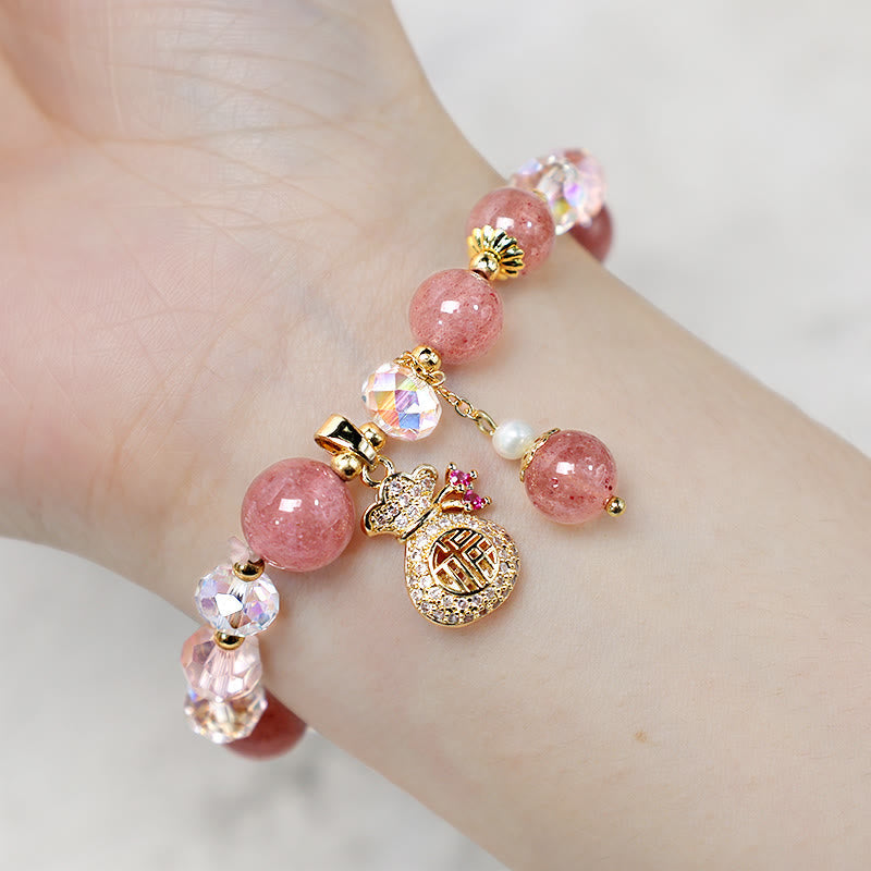 Love Healing Natural Strawberry Quartz Money Bag Charm Positive Bracelet