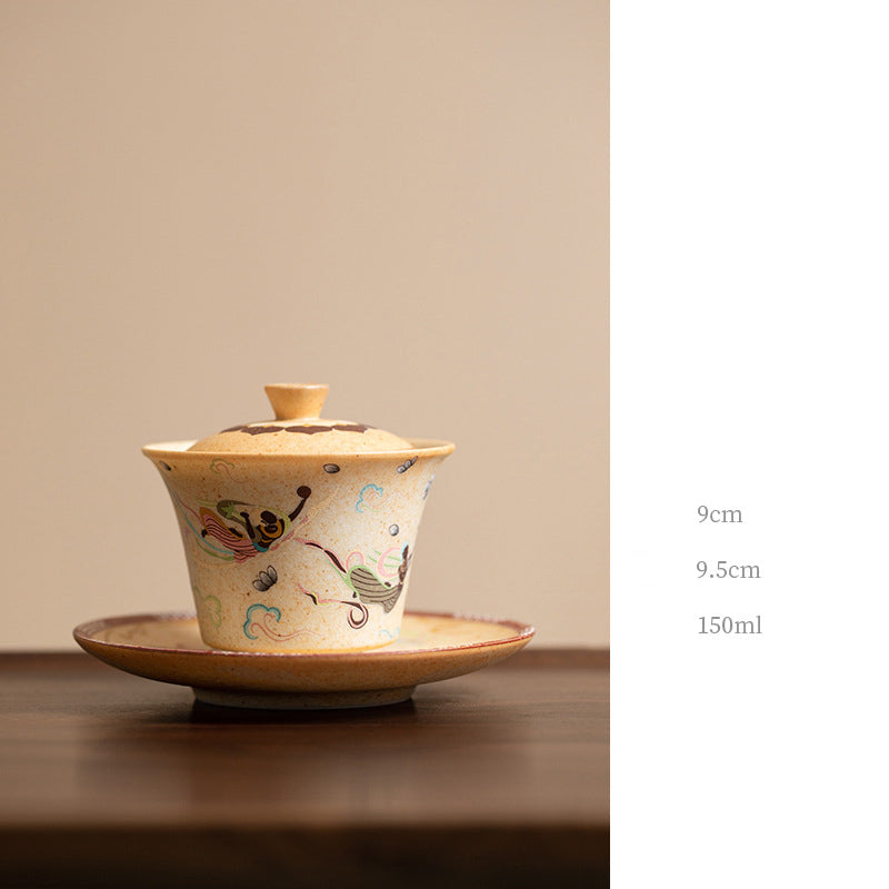 Nimara Ritual Dunhuang Color Thousand Buddhas Flying Apsaras Pattern Gaiwan Teacup Kung Fu Tea Cup With Lid
