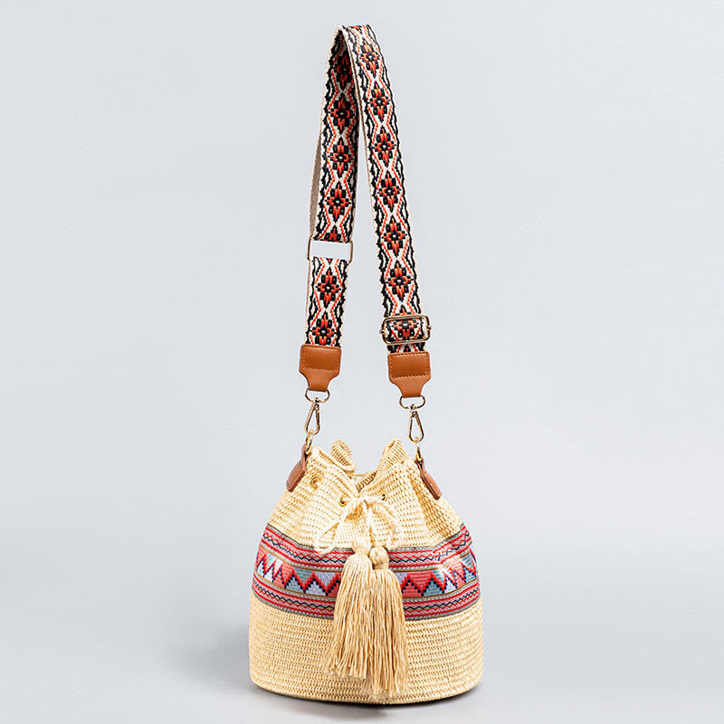 Nimara Ritual Beach Geometry Straw Woven Bucket Tassels Crossbody Bag Shoulder Bag