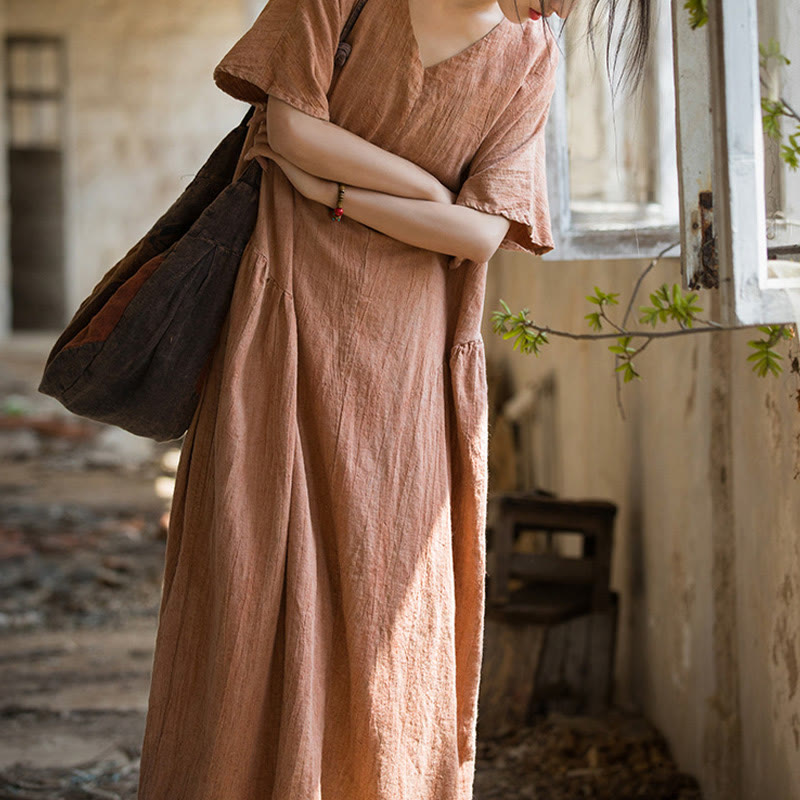 Nimara Ritual Handmade Tie Dye V-Neck Midi Dress Linen Short Sleeve Dress